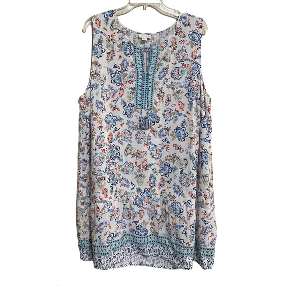 J JILL | tunic tank tie neck floral blue/white XL
